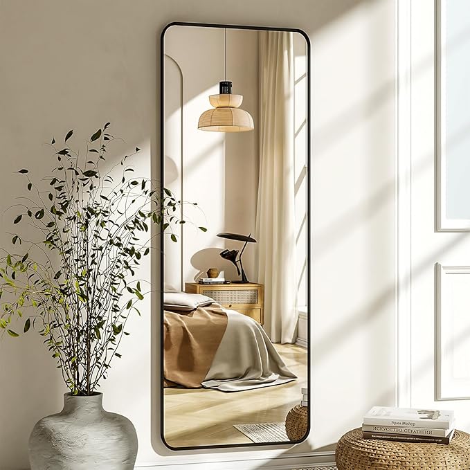 56"x21" Floor Full Length Mirror Standing Full Body Rounded Corner Rectangle Mirrors with Stand Hanging Wall Mounted Leaning Bedroom Living Room Bedroom Cloakroom,Black