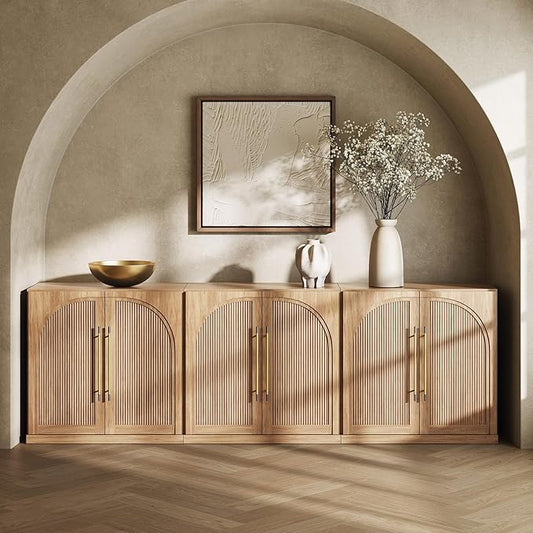 BELLEZE Set of 3 Modular Sideboard with Double-Arc Wood Doors, Small Arched Buffet Cabinet with Storage and Adjustable Shelves, Classic Modern Credenza for Dining Room, Living Room or Entryway(Camel)