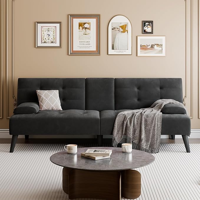 Meilocar Convertible Futon Sofa Bed Couch, Small Sofa Couch Recliner, 64" Adjustable Sleeper Sofa Bed for Living Room, Removable Armrest, 2 Cup Holders, Black