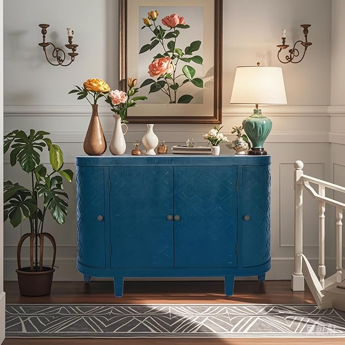 KEIKI 47'' Modern 4-Doors Buffet Sideboard with Storage,Wood Fluted Accent Cabinet with Curvy Edge, Oval Freestanding Credenza Entryway Console Table for Living Room, Hallway, Dining Room,Kitchen,Blue