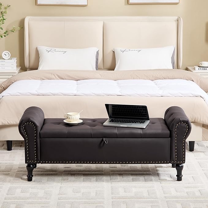 Storage Bench for Bedroom, 51" Upholstered End of Bed Bench, Faux Leather Queen Size Benches with Rolled Arms, Tufted Button Storage Long Ottoman, Living Room, Entryway, Coffee
