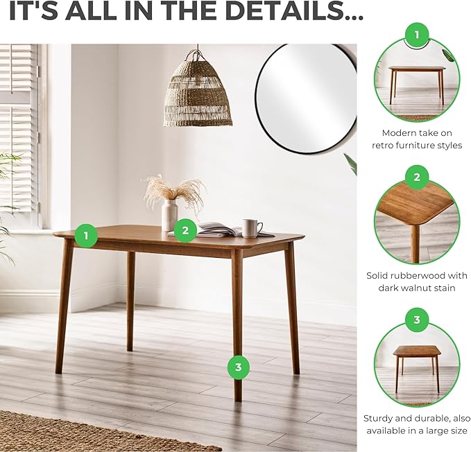 Furniturebox UK Solid Wood Table - Lynton Wooden Dining Table - Modern Take on Traditional Classic Farmhouse Dining Furniture - Retro Solid Rubberwood (4 Seat Table)