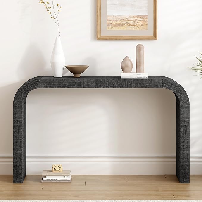 Merax Black Entryway Table Narrow, Curved Edge and Natural Texture Console Table for Living Room, Hallway and Bedroom