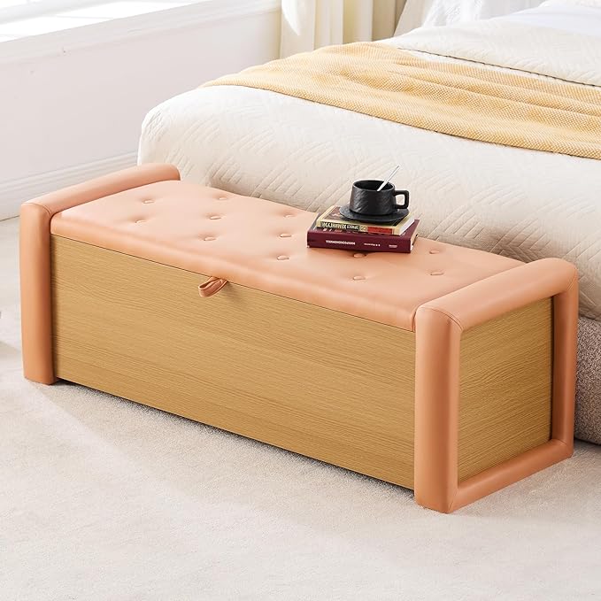 48" Large Storage Ottoman Bench, Faux Leather Upholstered Bed Bench with Button Tufted, End of Bed Ottoman with Safety Hinge for Bedroom, Living Room, Window，or Entryway, Orange Shoe Storage Chest