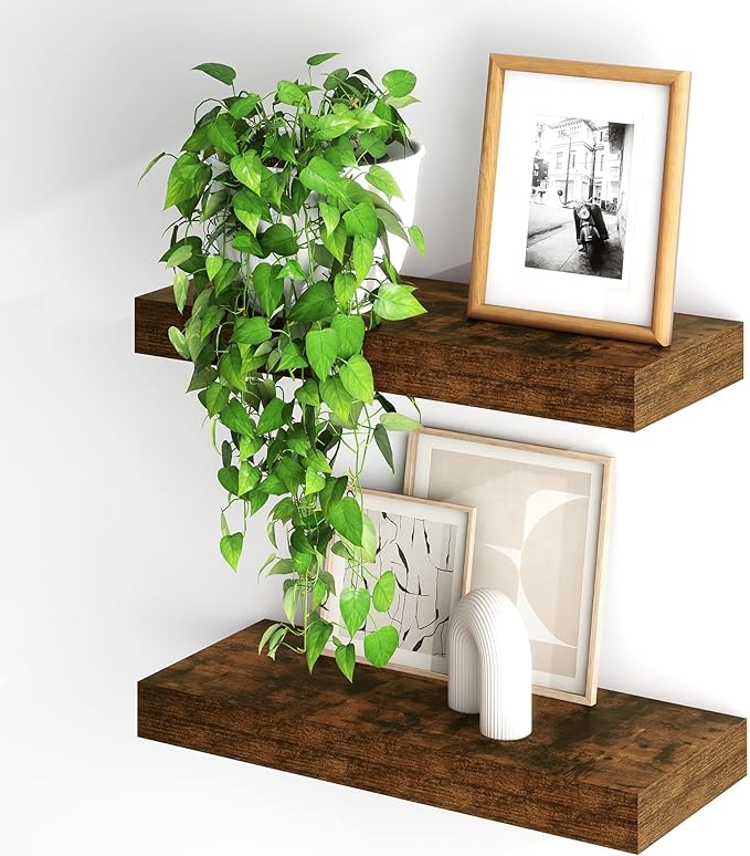 Fun Memories Floating Shelves for Wall, 20Inch Floating Shelves Set of 2, Hanging Shelf with Invisible Brackets, Wood Shelves for Living Room, Bedroom, Kitchen, Brown