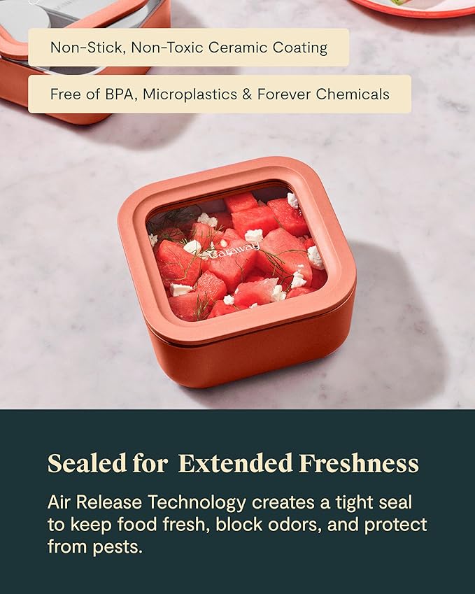 Caraway 6pc Glass Food Storage Set – 4.4 Cup Food Containers (6) - Ceramic Coated - Non Toxic, Non Stick with Lids - Microwave Safe - Perracotta