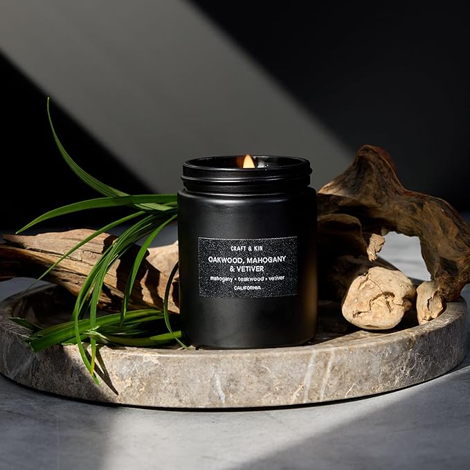 Craft & Kin Premium Oakwood, Mahogany & Vetiver Candle | Black Christmas Scented Candles for Men | Long Lasting with 45 Hour Burn Time, 7.6oz | Soy Holiday Candles | Aromatherapy at Home