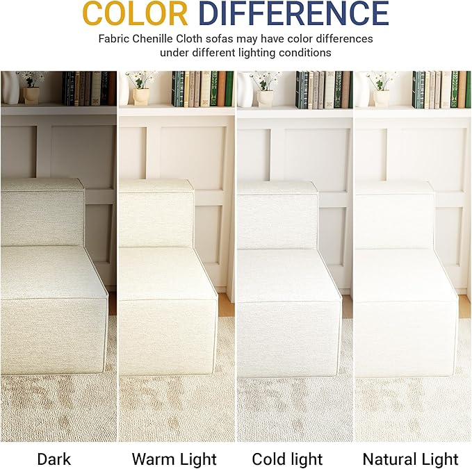 38“ Modular Sectional Sofa Convertible Cube Thick Couch Seat Set, Combine L-Shaped U-Shaped, Free Assembly, Space-Saving for Living Room, Fabric Chenille Beige White (Only Armless)