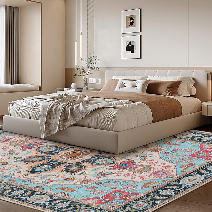 WILLSUN Washable Area Rugs, 8x10 Non-Slip Boho Large Area Rugs for Living Room, Bedroom, Machine Washable Vintage Rug, Indoor Floral Print Carpet for Home Decor, Kid & Pet Friendly Mat