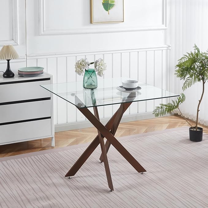 36" Square Dining Table for 4, Modern Glass Kitchen Table for 4 with Walnut X Metal Legs, Contemporary Small Glass Dining Room Leisure Tables for Kitchen Apartment