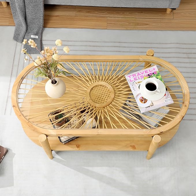 RUSTOWN Rattan Coffee Tables,2-Tier Oval Boho Cocktail Tables, Mid Century Modern Coffee Table with Rattan & Tempered Glass Top and Wood Legs, Sofa Table for Living Room(Natural)
