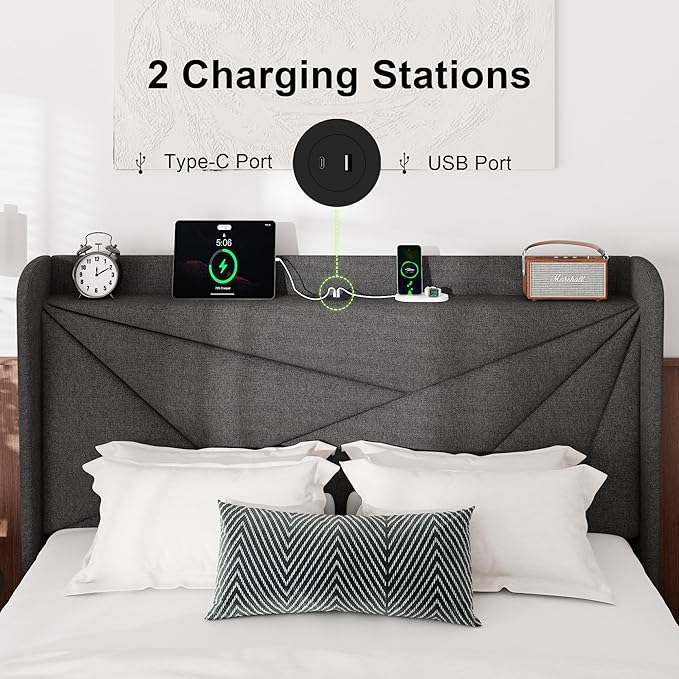 Feonase Queen Bed Frame with Charging Station, Linen Upholstered Platform Bedframe with Wingback Headboard, Solid Wood Slats Support, Noise Free, No Box Spring Needed, Charcoal Grey