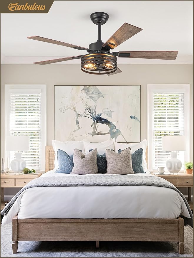 Fanbulous Farmhouse Caged Ceiling Fans with Lights and Remote, 48 Inch Black Bedroom Ceiling Fans for Living Room Kitchen，6 Speed Reversible Quiet DC Motor, Dual Finish 5 Blades