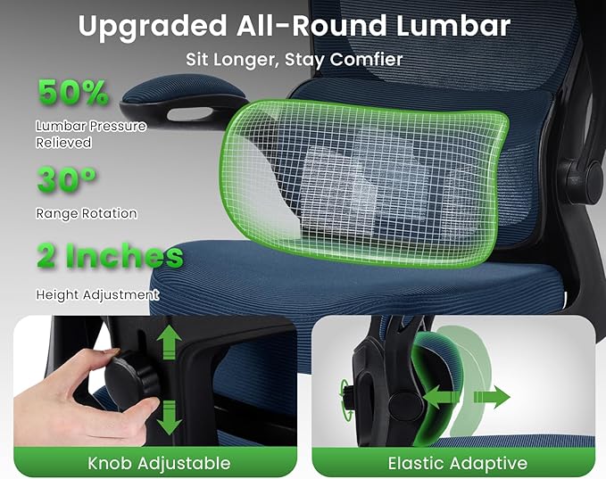 Ergonomic Office Chair, Comfy Desk Chair with Adjustable Lumbar Support, Mesh Computer Chair with Wheels, Flip-up Armrests, Swivel Rolling Executive Chair for Home Office, Gaming, Navy Blue