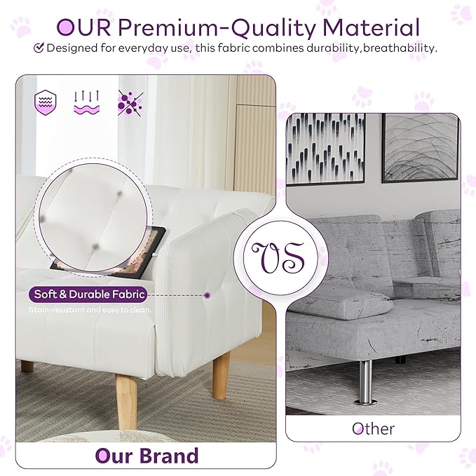 TYBOATLE Modern White Faux Leather Upholstered Convertible USB Folding Futon Sofa Bed, 65" Couch, Love Seats Furniture for Small Space Configuration, Apartment, Dorm, Living Room, Office