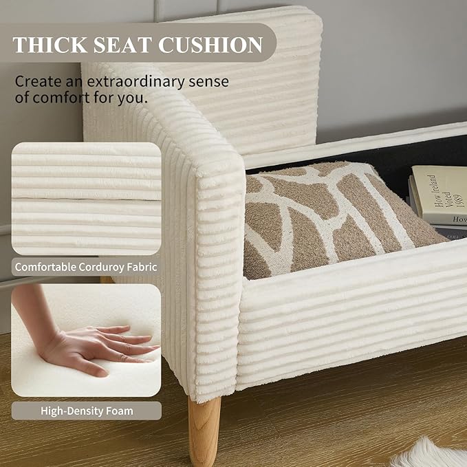 NIOIIKIT 65" Large Storage Ottoman Bench with 2 Pillows, Corduroy Upholstered Entryway Bench with Wood Leg, End of Bed Bench with Straight Armrest, Window Bench for Bedroom, Entryway (White)