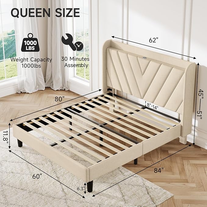 koorlian Queen Bed Frame with Headboard, Adjustable Upholstered Platform Bed Frame with Type-C&USB Ports, Wingback Storage Headboard, Solid Wood Slats Support, No Box Spring Needed, Beige