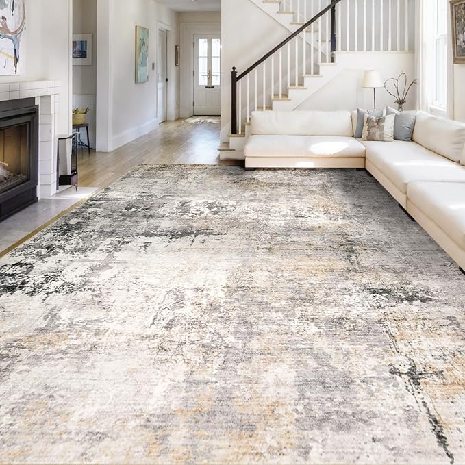 Area Rug Living Room Rugs - 8x10 Modern Abstract Soft Indoor Neutral Washable Rug Stain Resistant Non-Slip Low Pile Carpet for Bedroom Dining Room Home Office - Charcoal Grey