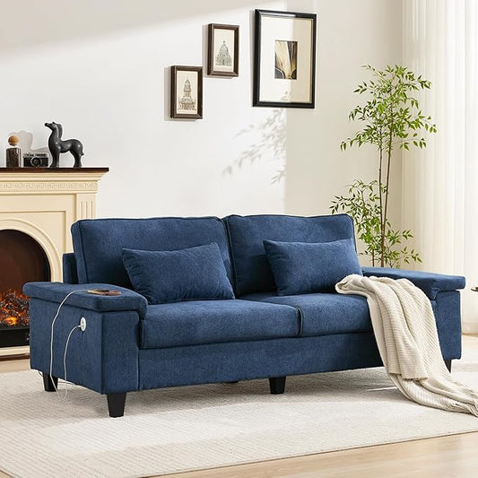 3 Seater Couch for Living Room, 79'' Comfy Deep Seat Sofa with Adjustable Armrests & USB/Type-C Charging Ports, Mid Century Modern Couch for Bedroom, Home Office, Blue