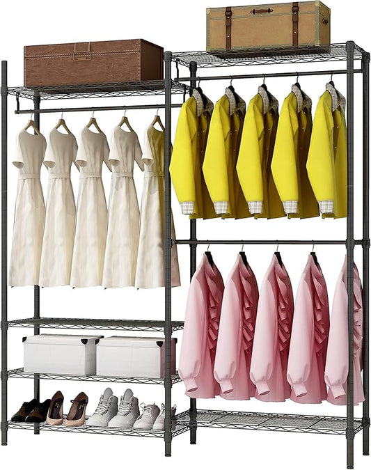 XIOFIO Heavy Duty Garment Rack, Metal Clothing Rack with 3 Hanging Rods and 6 Adjustable Shelves, Freestanding Open Wardrobe Organizer for Hanging Clothes,54"L x 16.5"W x 76.7"H Max Load 600LBS, Black