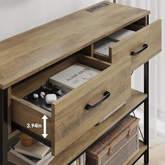 HITHOS Industrial Console Table with Drawers, Vintage Hallway Foyer Table with Storage Shelves, Narrow Long Sofa Entryway Table for Living Room, Rustic Brown
