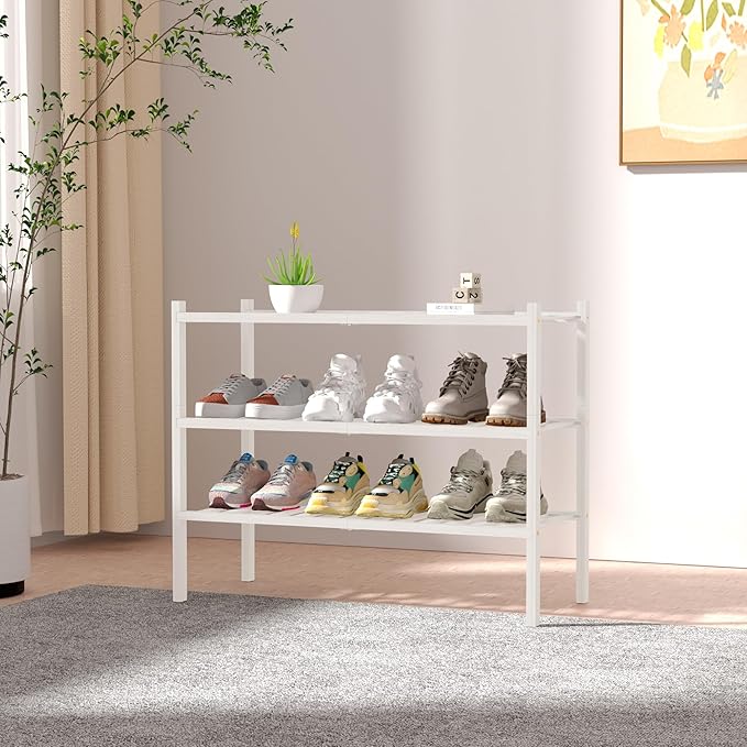 3 Tier Bamboo Shoe Rack for Closet Free Standing Wood Shoe Shelf Storage Organizer for Entryway Small Space Stackable 27"x11"x20" (White)