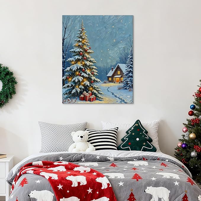 Framed Christmas Pictures Wall Decor,Vintage Pine Tree Prints,Winter Christmas Canvas Wall Art Decoration for Bedroom Bathroom Living Room Rustic Xmas Holiday Gifts (Christmas Tree 20, 11'' X 14'')