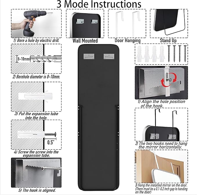 57x16 Door Hanging Full Length Mirror, Floor Stand (Height 5.7ft just Body in1.3ft) Wall Mounted Metal Frame Rectangle Dressing Mirrors for Bedroom Bathroom Room 57 inch Silver