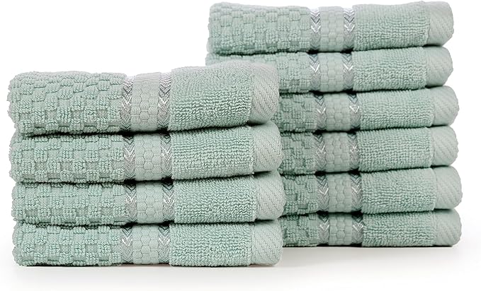 Ample Decor Mint Green Wash Cloth Set of 10 100% Cotton - Quick Dry, Highly Absorbent, Popcorn Textured - Mulaayam Collection - 12 X 12 Inch