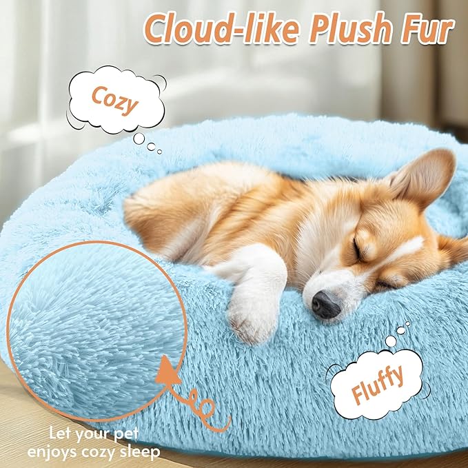 JOLLYVOGUE Calming Dog & Cat Bed for Large Dogs, Anti-Anxiety Donut Cuddler Cozy Soft Round Bed with Anti-Slip Bottom, Fluffy Faux Fur Plush Cushion Beds for Medium Dogs (36")