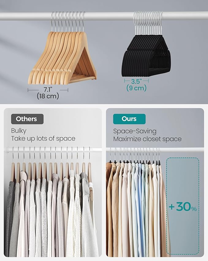 SONGMICS Velvet Hangers 50 Pack, Non-Slip Clothes Hangers, 17 x 8.3 Inches, Coat Hangers with Wide Shoulder Notches, Pants Bar, 360° Swivel Hook, Space-Saving, for Closet, Ink Black UCRF039B03