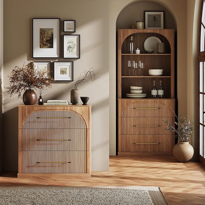 BELLEZE Fluted Modular Sideboard Cabinet, Classic Modern Buffet Cabinet with 3 Drawers, Accent Credenza Storage Cabinet for Dining Room Living Room Entryway (Camel)