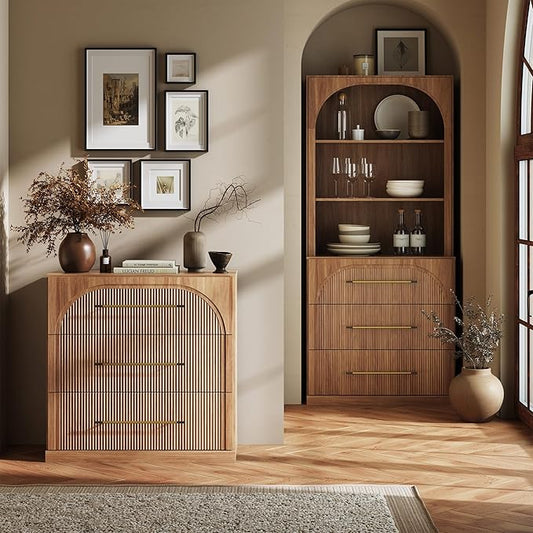 BELLEZE Fluted Modular Sideboard Cabinet, Classic Modern Buffet Cabinet with 3 Drawers, Accent Credenza Storage Cabinet for Dining Room Living Room Entryway (Camel)