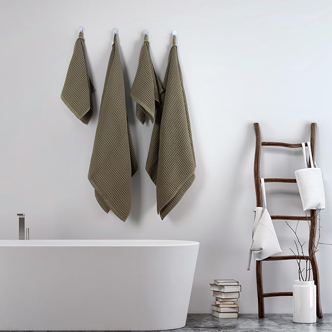 Püskül - Luxury Waffle Towel Set for Bathroom 4 Pieces Khakie Green, Premium Quality Organic 100% Turkish Cotton 2 Hand and 2 Bath Towels, Quick Dry Thin Waffle Towels, Made in Turkiye (Khaki Green)