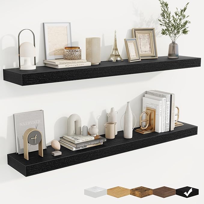 fuqing Floating Shelves for Wall, Wall Mounted Wood Floating Shelf with Invisible Brackets for Living Room, Bathroom, Bedroom, Kitchen Storage and Decor, 48 Inch Set of 2, Black