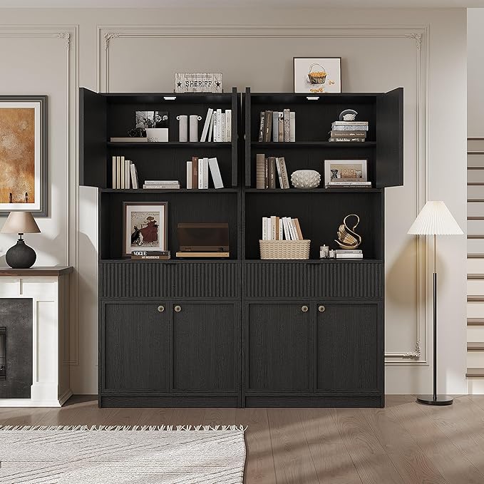 IDEALHOUSE Tall Storage Cabinet, 70" Kitchen Pantry Cabinet with Doors, Fluted Kitchen Hutch Cupboard with Microwave Shelf & Drawer, Freestanding Cupboard for Dining Room, Living Room, Black