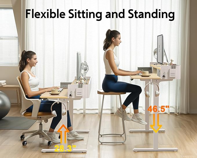 55x24 Inches Electric Standing Desk with 2 Drawers, Height Adjustable Stand up Desk for Home Office, Ergonomic Sit to Stand Table with Storage Shelf, DIY Board, Hooks, Oak