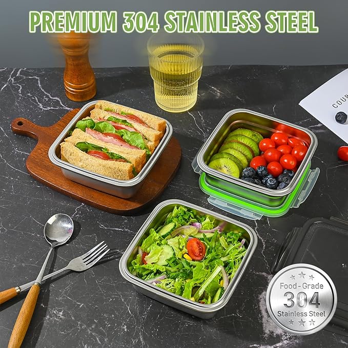 4 Pack 24oz Stainless Steel Sandwich Containers with Airtight Leak-Proof Lids, Reusable Metal Lunch Boxes for Meal Prep, Bento, Snack, Travel & Family, BPA-Free Dishwasher Safe (Green, Black)