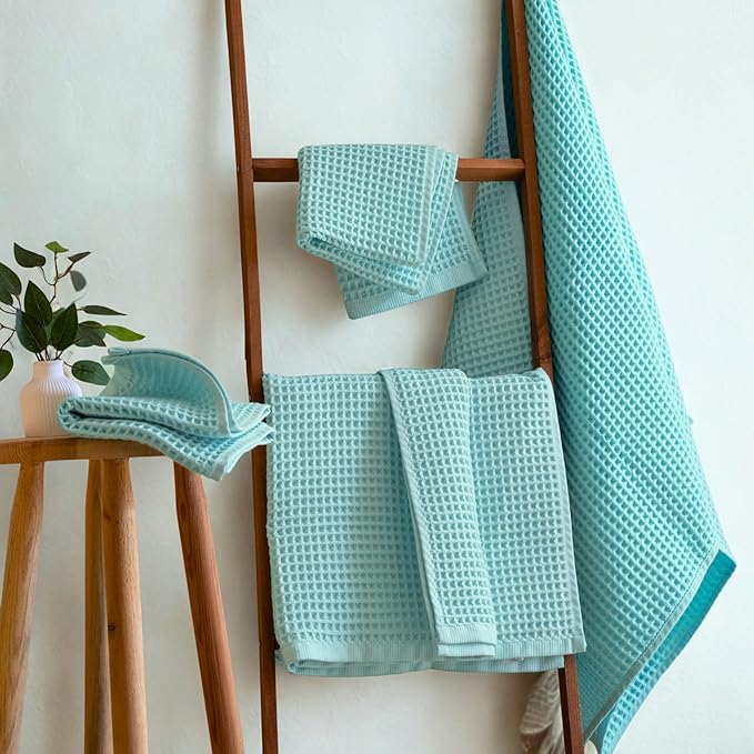 Püskül - Luxury Waffle Towel Set for Bathroom 4 Pieces Turquoise Blue, Premium Quality Organic 100% Turkish Cotton 2 Hand and 2 Bath Towels, Quick Dry Thin Waffle Towels, Made in Turkiye (Turquoise)