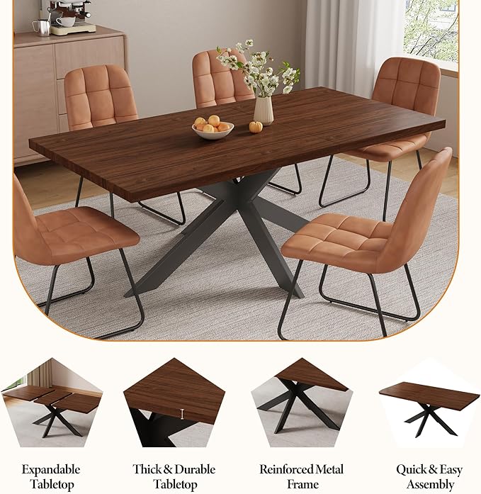 ZckyCine 63"-79" Extendable Dining Table, Modern Walnut Finish Table with Sturdy Metal Frame, Rectangular Kitchen Table for 6-8 People, Easy Assembly, Space-Saving Design