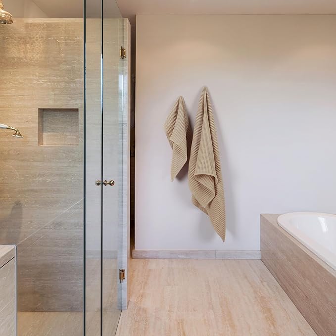 Püskül - Luxury Waffle Towel Set for Bathroom 4 Pieces Natural Raw, Premium Quality Organic 100% Turkish Cotton 2 Hand and 2 Bath Towels, Quick Dry Thin Waffle Towels, Made in Turkiye (Natural Beige)