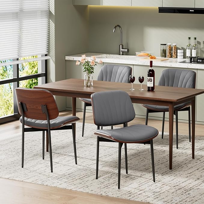 Dining Chairs Set of 4, Mid-Century Modern Upholstered PU Leather Chairs with Walnut Back and Metal Legs Adjustable Feet for Kitchen Dining Room, Dark Gray Shell Strips