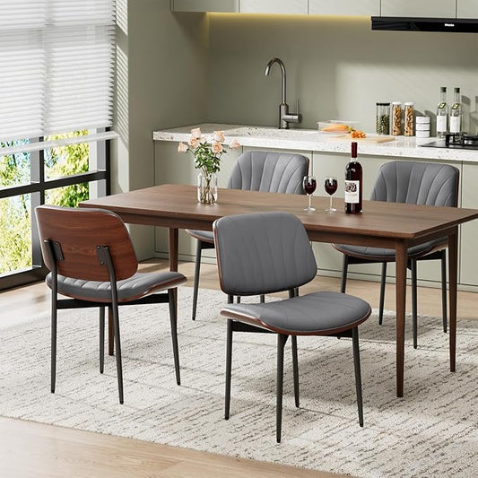 Dining Chairs Set of 4, Mid-Century Modern Upholstered PU Leather Chairs with Walnut Back and Metal Legs Adjustable Feet for Kitchen Dining Room, Dark Gray Shell Strips