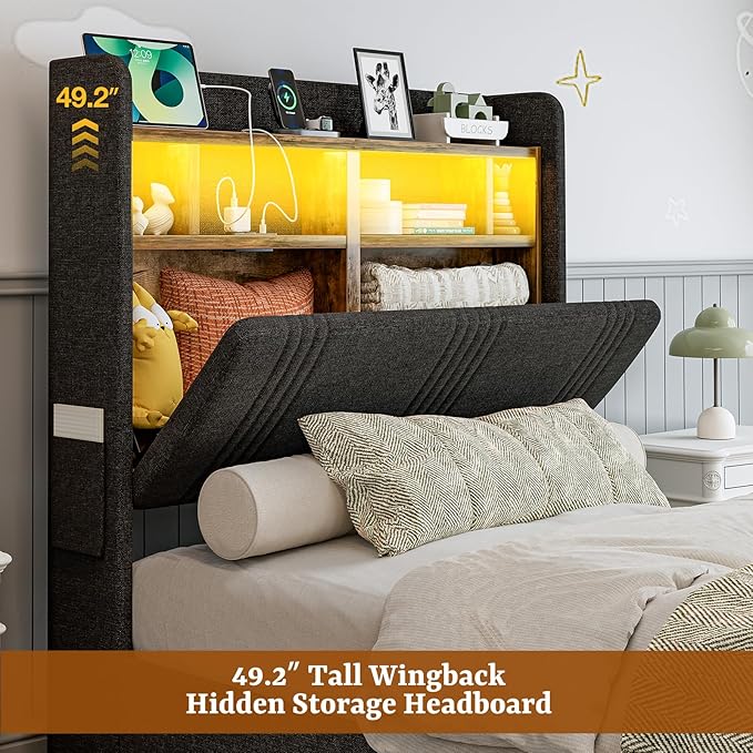 IKIFLY 49.2" Tall Twin XL Bed Frames with 4 Storage Drawers, Upholstered Wingback Hidden Storage Headboard with LED Lights & Charging Station, Solid Wood Slats, No Box Spring Needed, Black