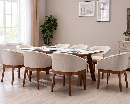 Mid-Century Modern Beige Dining Chairs Set of 8, Linen Upholstered Kitchen Dining Room Chairs with Natural Wood Legs, Curved Backrest Armchairs, Beige