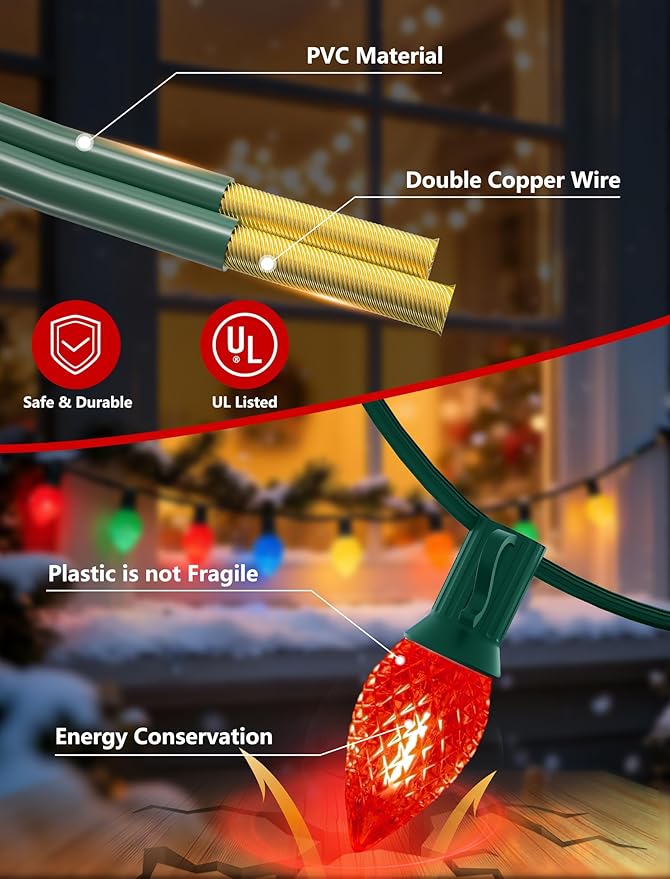 C7 LED Christmas Lights Outdoor,25FT Multicolor C7 Christmas Light with 27 0.6w Diamond Bulb Fit E12 Base,Xmas Lights Outdoor for House, Yard, Garden, Christmas Tree Decoration, Green Wire