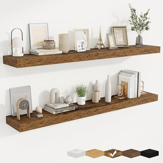 fuqing Floating Shelves for Wall, Wall Mounted Wood Floating Shelf with Invisible Brackets for Living Room, Bathroom, Bedroom, Kitchen Storage and Decor, 55 Inch Set of 2, Rustic Brown