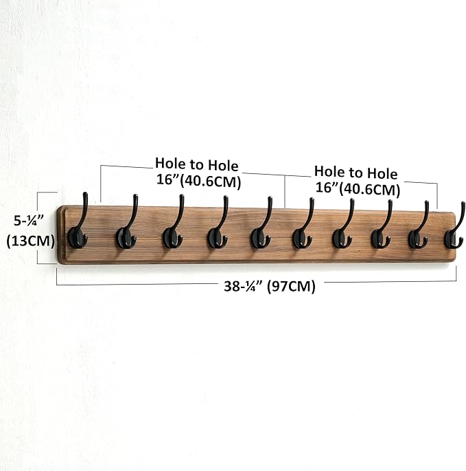 Dseap Wall Mounted Coat Rack: 38-1/4" Long, Patented, Heavy-Duty, 10-Double-Hooks Wooden Hanger Rail for Winter Coats, Hats, Jackets, Clothing - Natural & Black, Pack of 2