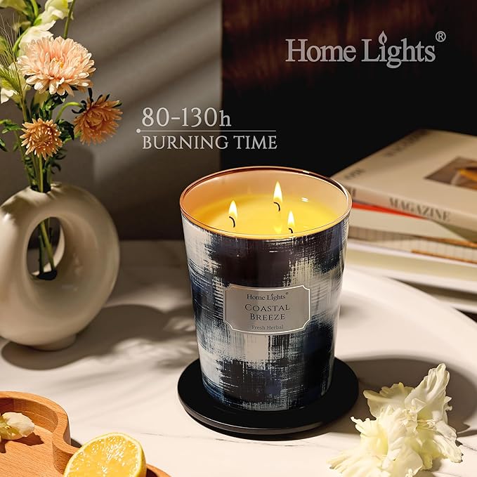 HomeLights Large jar Candle | 3-Wick Long-Lasting Scented Candles, 34oz Natural Soy Wax Candle for Home Scented, Scandinavian Minimalist Design Gifts for Women & Men, Coastal Breeze