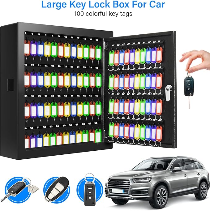 100 Keys Key Lock Box, Anti-Theft Key Cabinet with Key Tags, Key Organizer Wall Mount for Car Garage House Rental Office Business